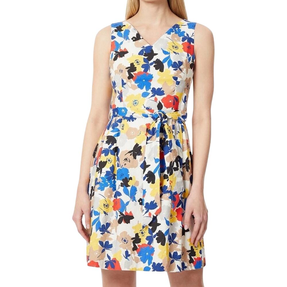 Jones New York Floral Linen Blend Belted Dress 1X Plus Pockets Sporty Preppy